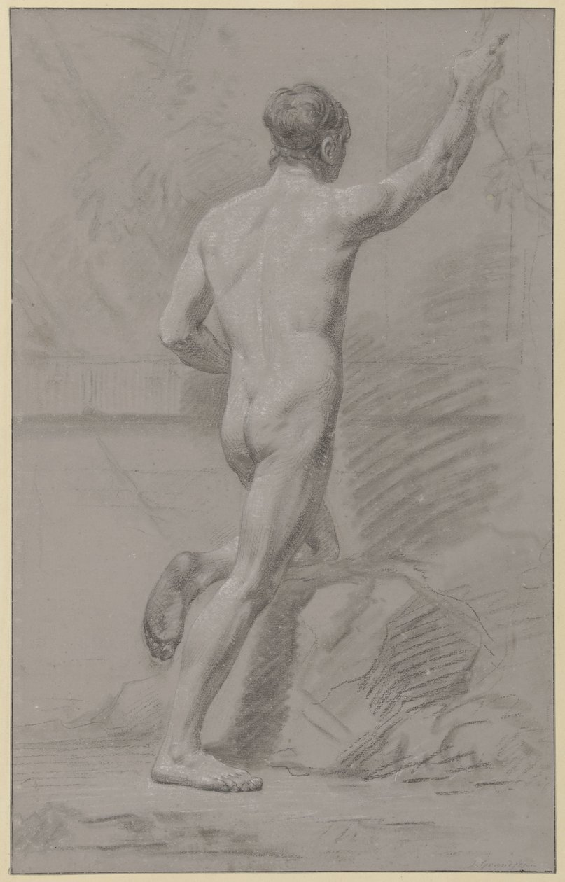 Hombre desnudo de pie, rodilla izquierda sobre una roca, brazo derecho levantado de Jean Grandjean