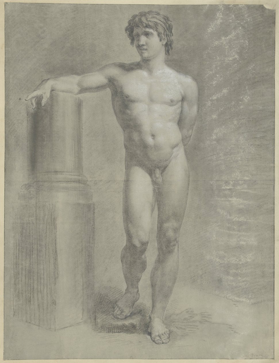Hombre desnudo de pie, con el brazo derecho sobre una columna rota, de frente de Jean Grandjean