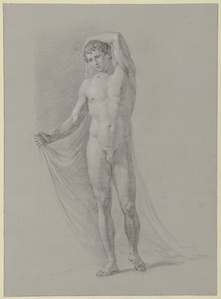 Hombre desnudo de pie, sujetando un paño a la espalda, de frente de Jean Grandjean