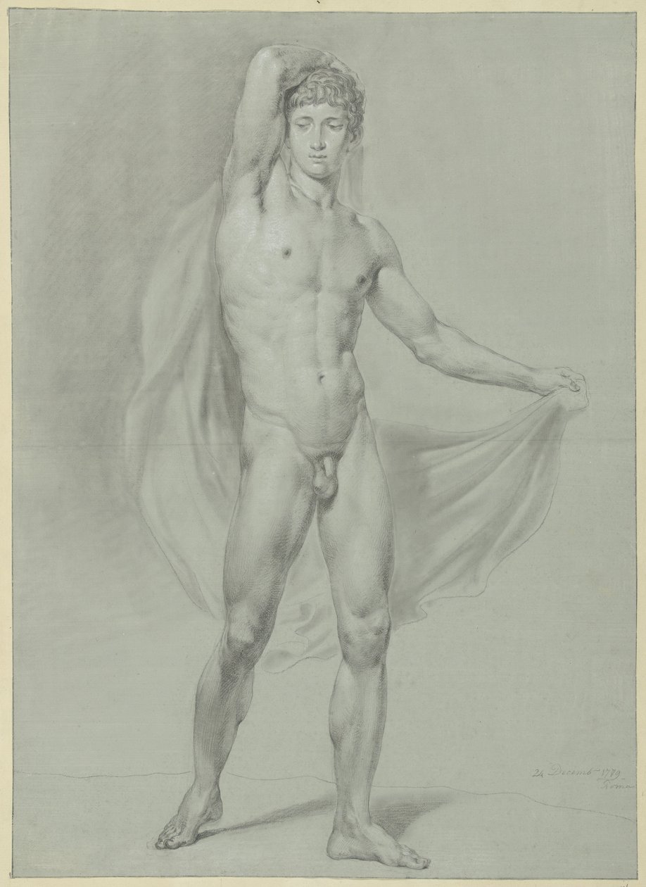Hombre desnudo de pie, sujetando un paño a la espalda, visto de frente de Jean Grandjean