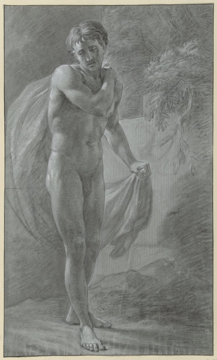 Desnudo masculino de pie con un paño, de frente de Jean Grandjean