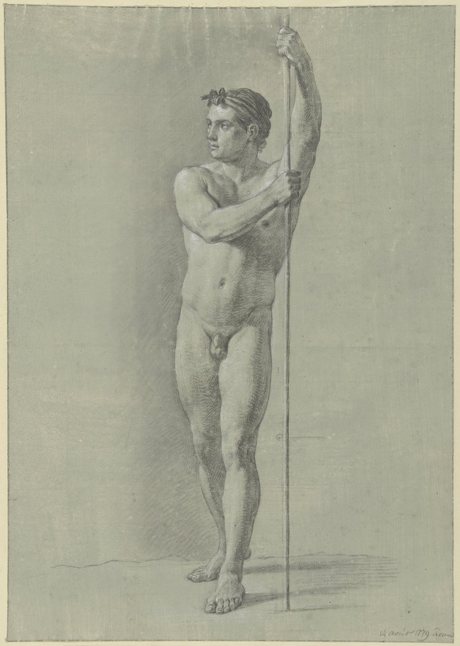 Hombre desnudo de pie con un bastón de Jean Grandjean