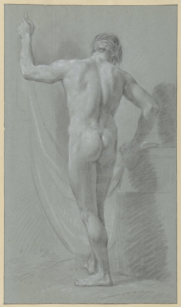 Hombre desnudo de pie delante de una cortina, visto desde atrás de Jean Grandjean