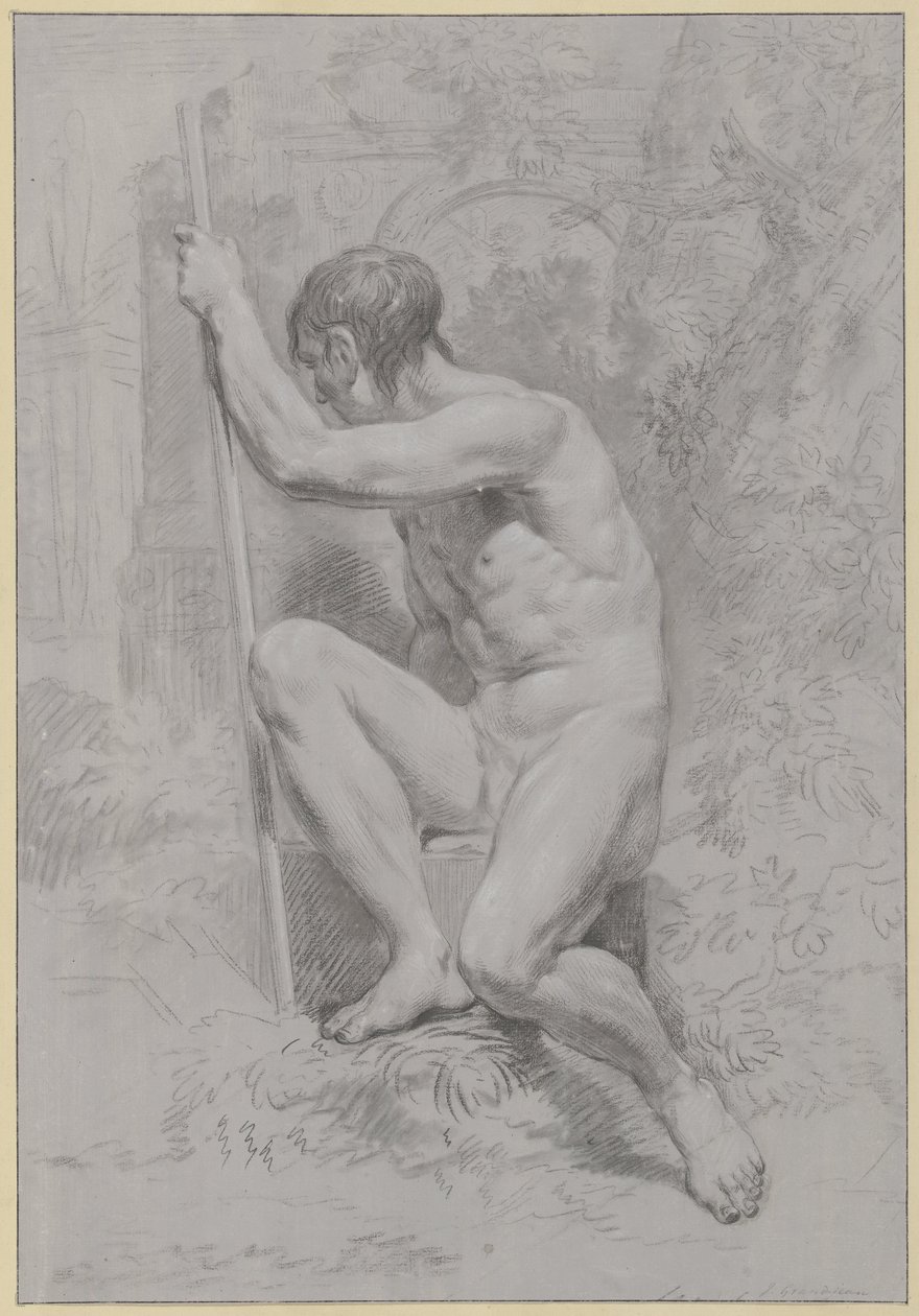 Desnudo masculino sentado, sosteniendo un bastón, girado hacia la izquierda de Jean Grandjean