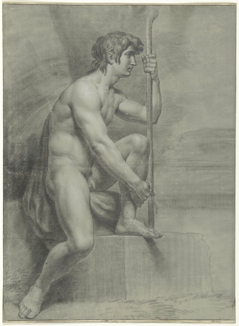 Desnudo masculino sentado con bastón y pierna izquierda levantada de Jean Grandjean