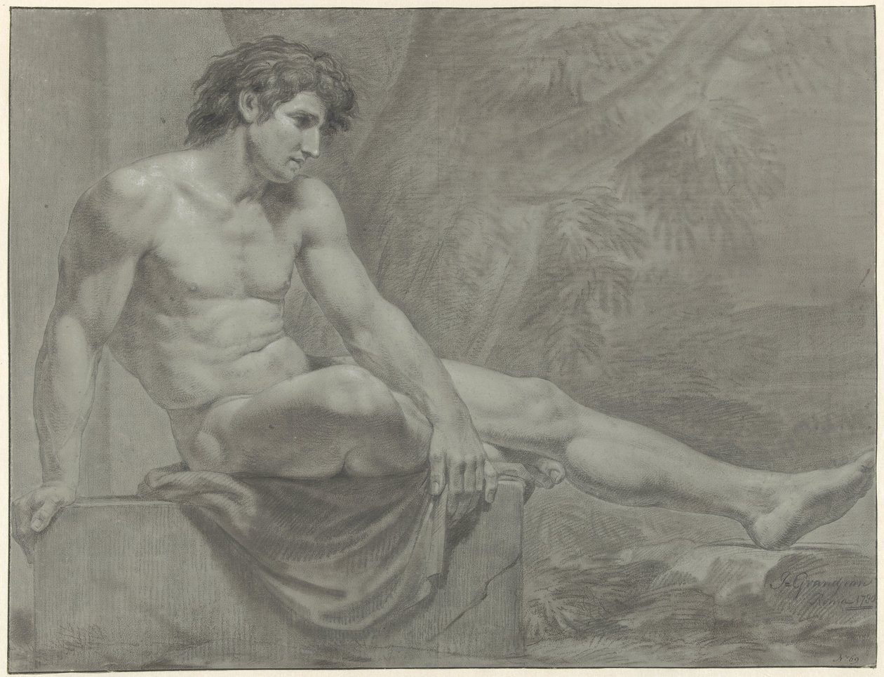 Desnudo masculino sentado, mirando hacia la derecha con la pierna extendida de Jean Grandjean