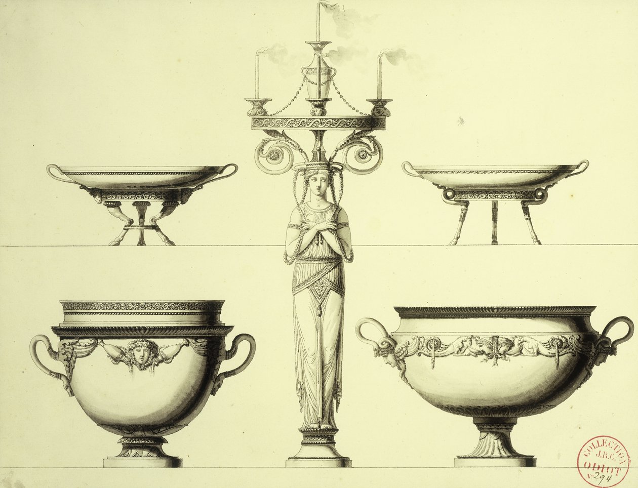 Diseño para un candelabro en forma de mujer, dos copas de plata y dos platos de plata de Jean Guillaume Moitte