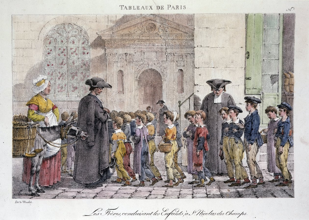 Antiguo oficio de calle en París: los hermanos llevando a los niños a Saint Nicolas des Champs, Escuela católica - Grabado de Jean Henry Marlet en “Les Tableaux de Paris”, serie de 72 impresiones, finales del siglo XIX de Jean Henri Marlet
