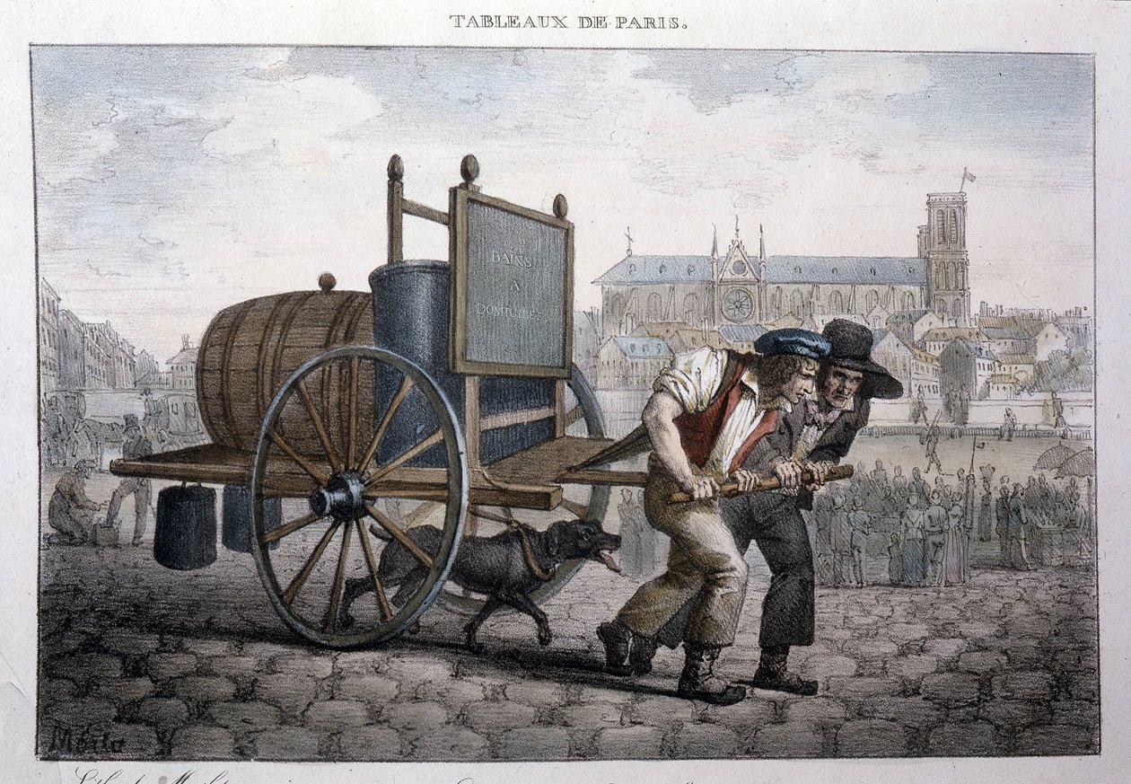 Antiguo oficio callejero en París: baño a domicilio (dos hombres tiran de un carro con un barril lleno de agua). Grabado de Jean Henry Marlet (1771-1847) en “Les Tableaux de Paris”, serie de 72 impresiones, finales del siglo XIX de Jean Henri Marlet