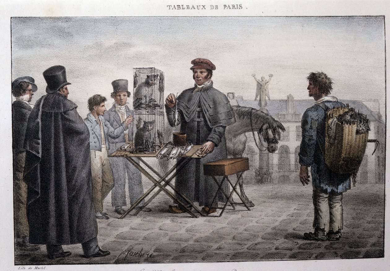 Antigua calle de oficios en París: el comerciante de muerte de ratas (camelot). Grabado de Jean Henry Marlet (1771-1847) en “Les Tableaux de Paris”, serie de 72 impresiones, finales del siglo XIX de Jean Henri Marlet