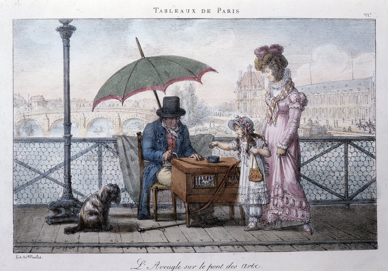 Antigua escena callejera en París: mendigo ciego en el puente de las artes. Grabado de Jean Henry Marlet (1771-1847) en “Les Tableaux de Paris”, serie de 72 impresiones, finales del siglo XIX de Jean Henri Marlet
