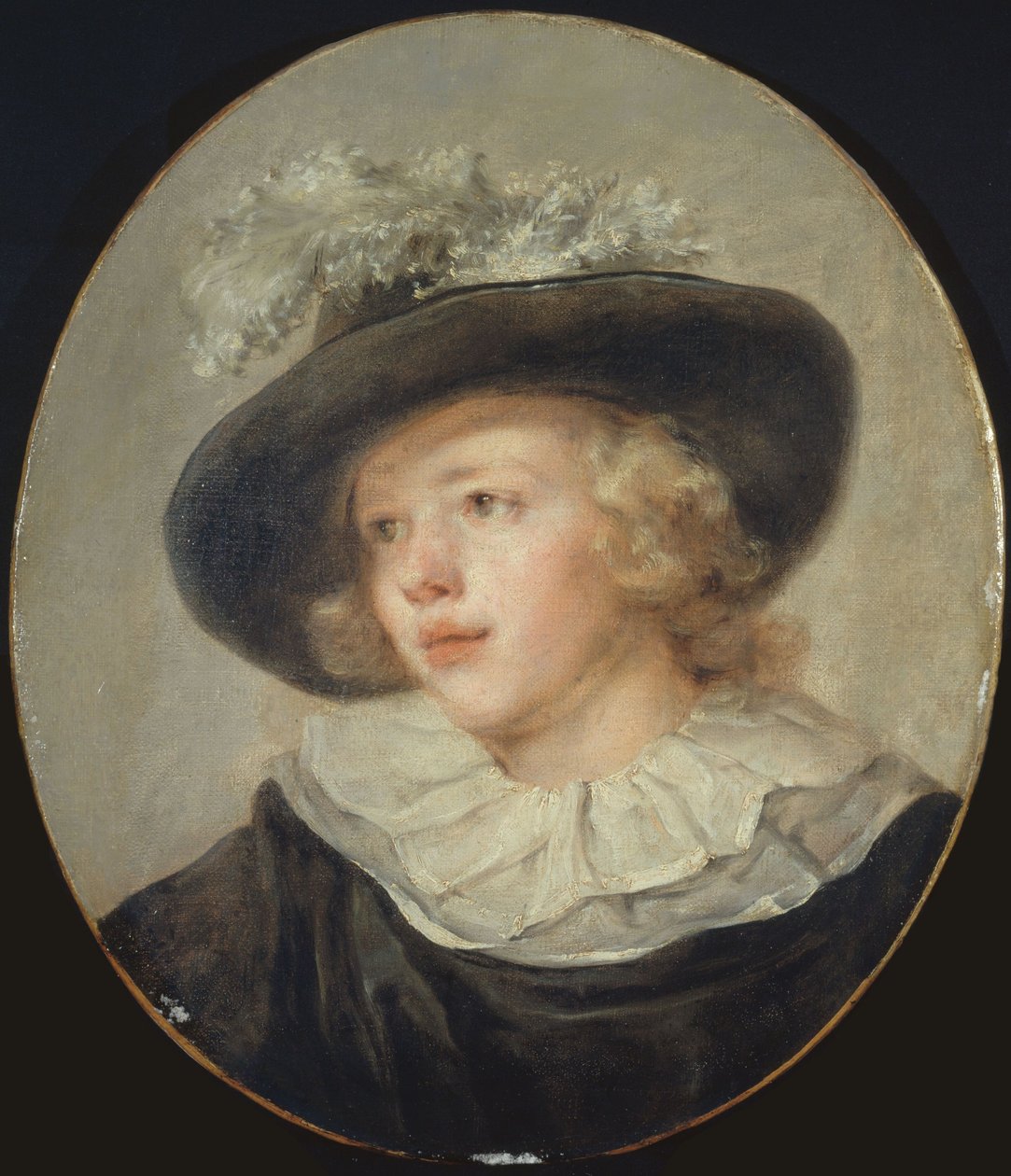 Atribuido a Fragonard - Retrato de un joven con sombrero de plumas, Hacia 1785 de Jean Honore Fragonard