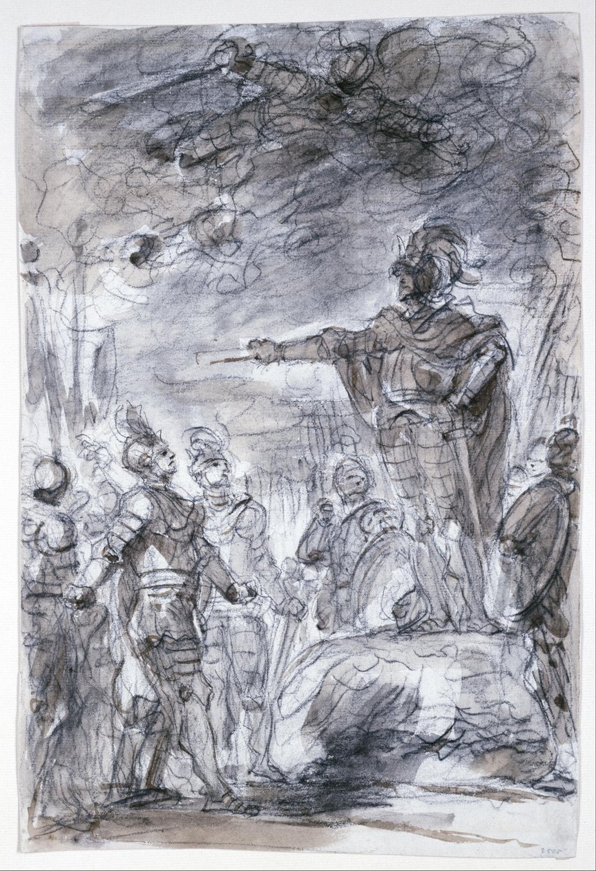 Escena del "Orlando Furioso" de Ariosto: Rodomonte y Mandricardo exponen su caso ante Agramante de Jean Honore Fragonard
