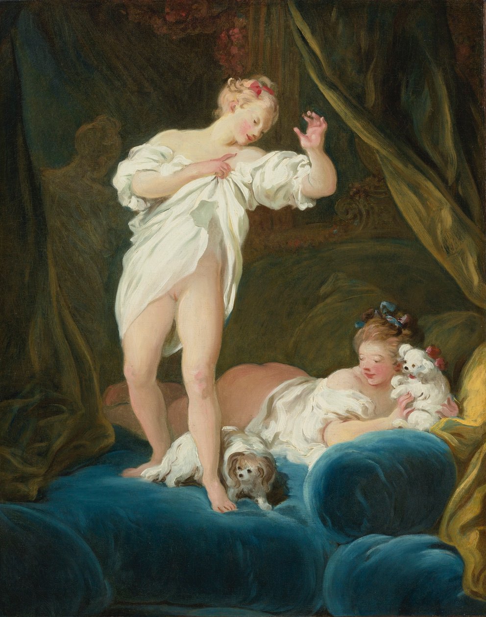 Dos niñas en una cama jugando con sus perros de Jean Honore Fragonard