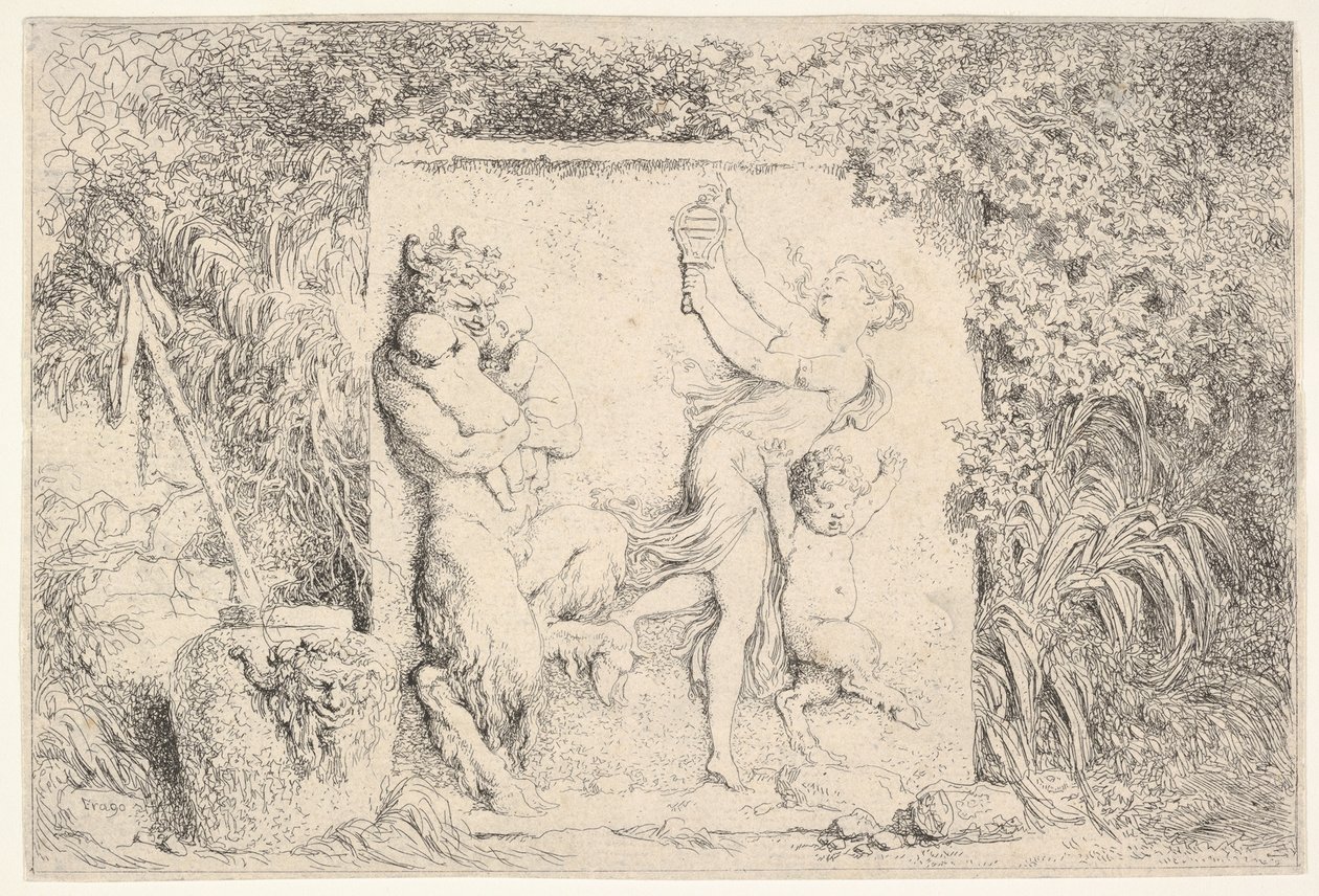 Un bajorrelieve que representa un sátiro a la izquierda sosteniendo dos infantes, otro niño sátiro a la derecha..., 1763 de Jean-Honore Fragonard