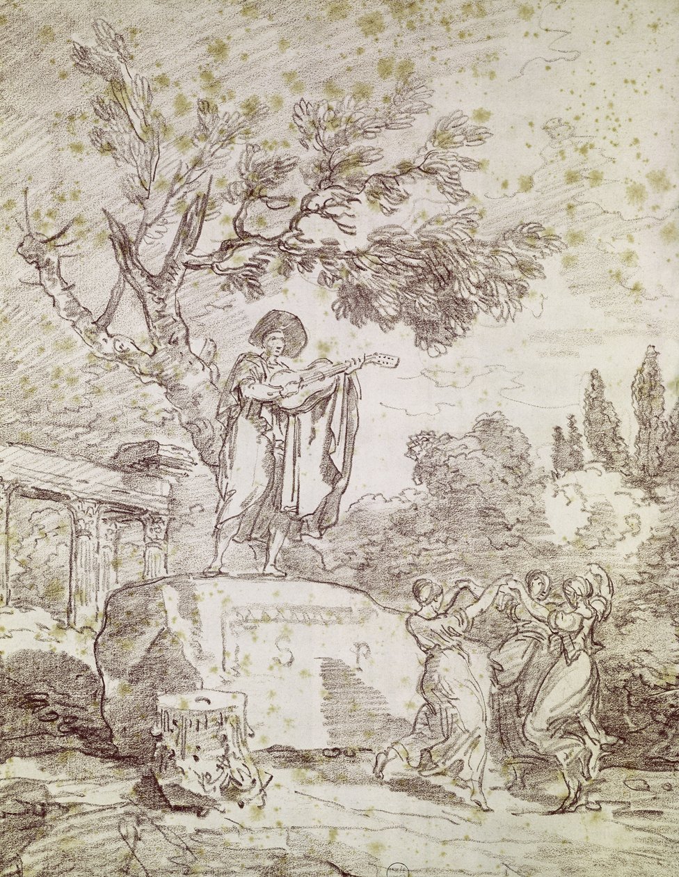 Un Guitarrista Italiano Tocando para Tres Chicas Bailarinas de Jean Honore Fragonard