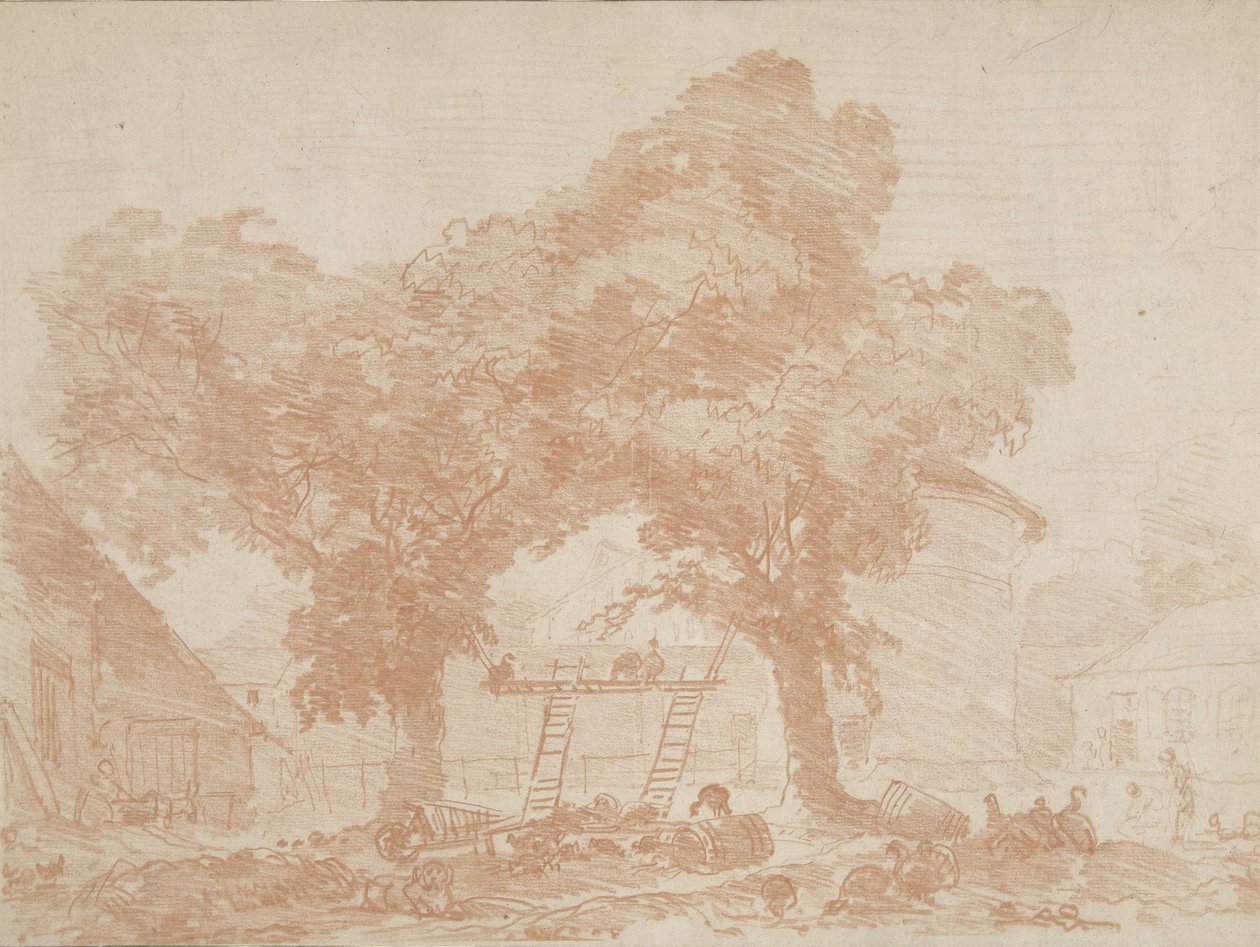 Corral con dos árboles, entre los que hay escaleras de Jean Honore Fragonard