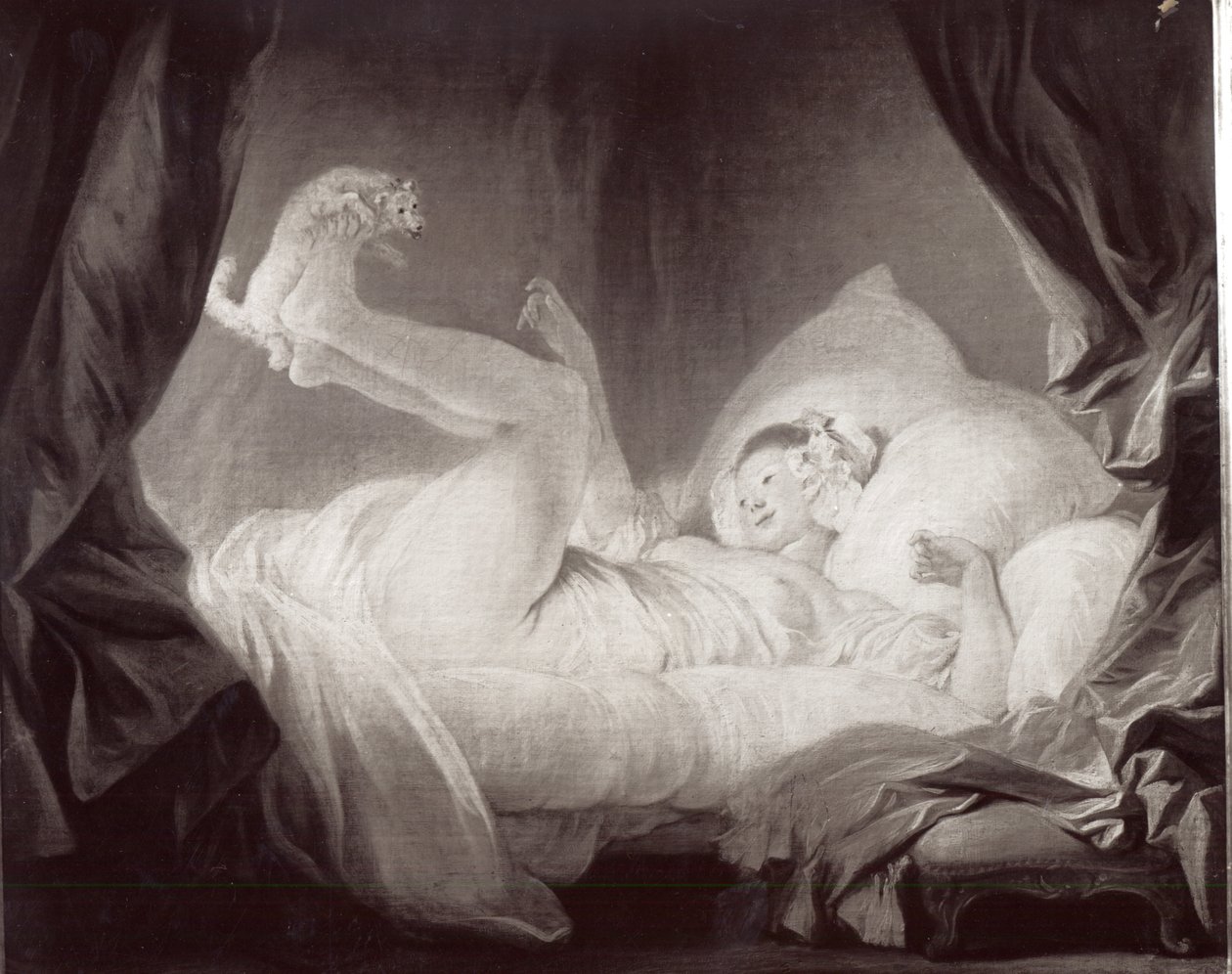 La Gimblette o Jovencita haciendo bailar a su perro en su cama (óleo sobre lienzo) (foto b/n) de Jean Honore Fragonard