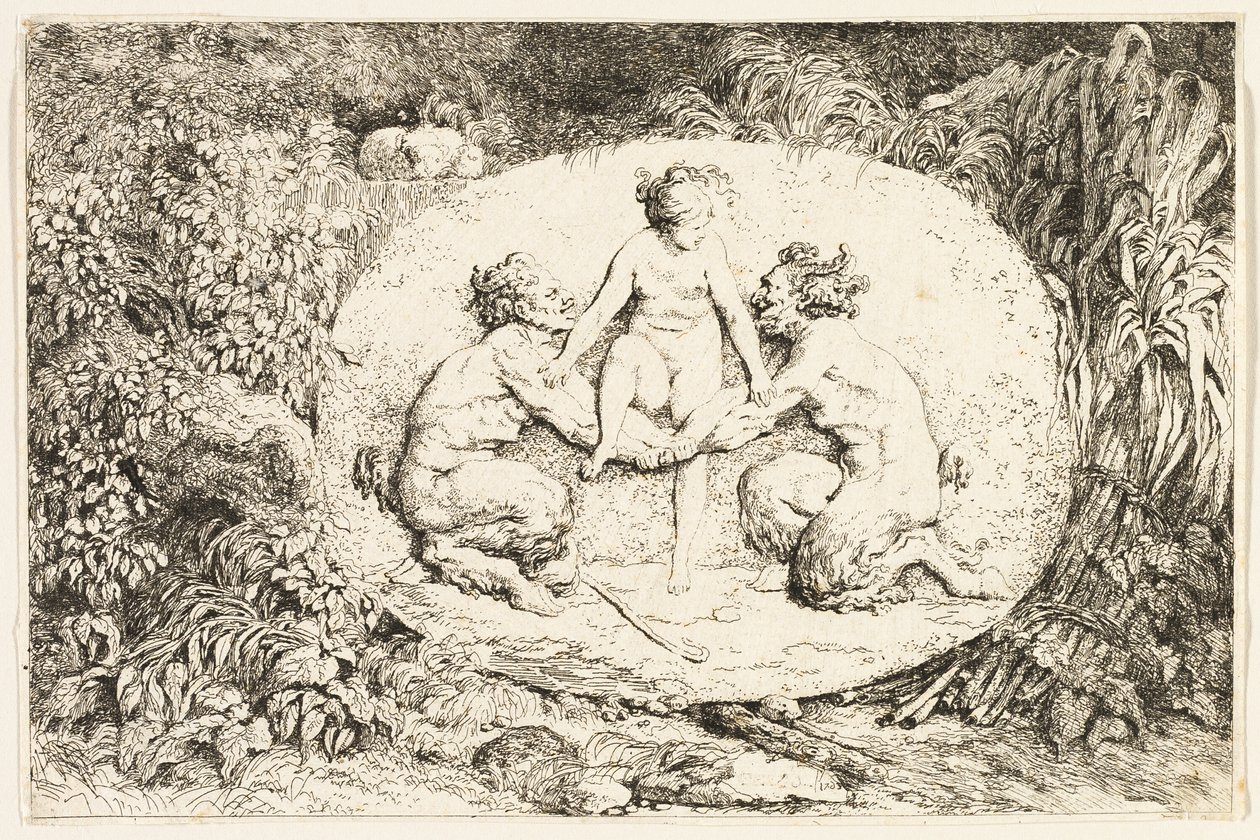 Ninfa sentada sobre las manos de dos sátiros de Bacchanales, o juegos de los sátiros de Jean Honore Fragonard