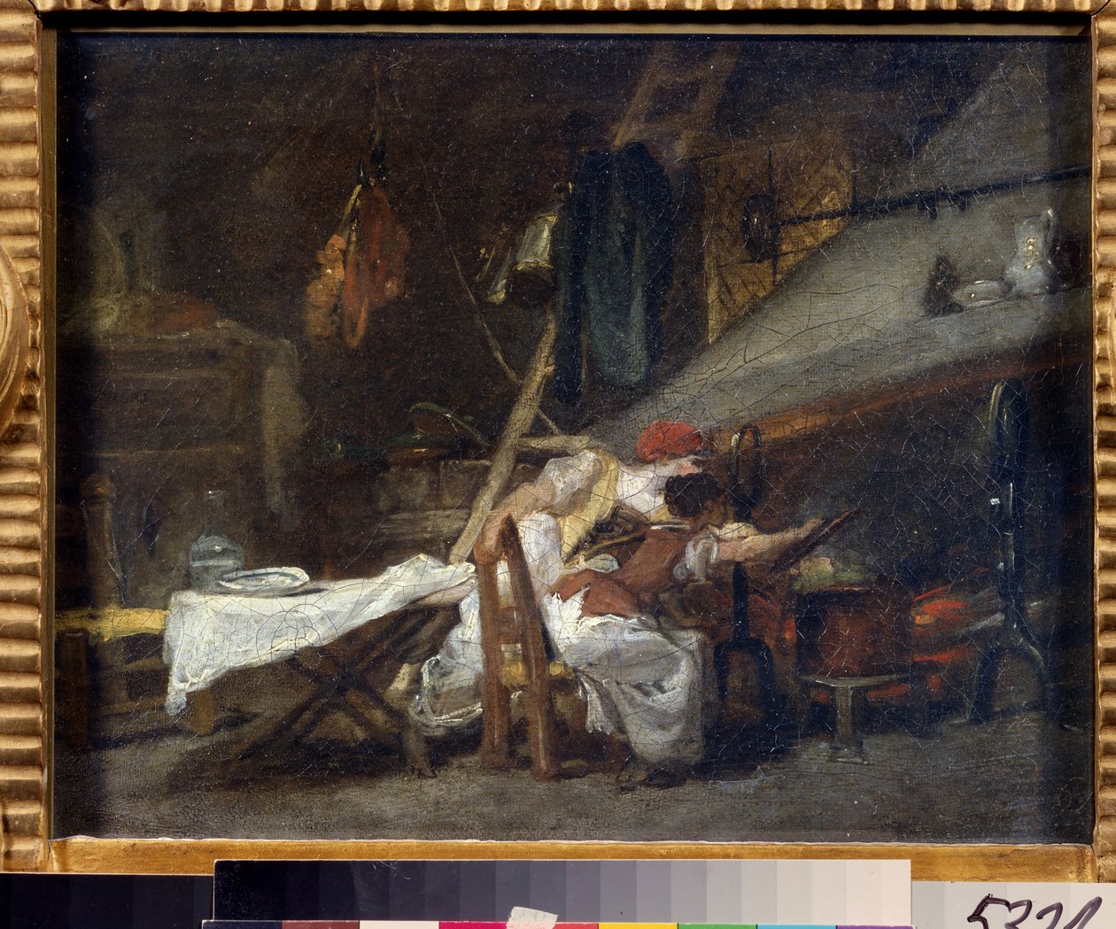 ""Pres du poele"" (En los fogones) Escena en una cocina, cerca de los fogones, los cocineros observan la cocción de un plato en una olla. Pintura de Jean Honore Fragonard (1732-1806). Óleo sobre tela. Rococó. Museo Pushkin, Moscú de Jean Honore Fragonard