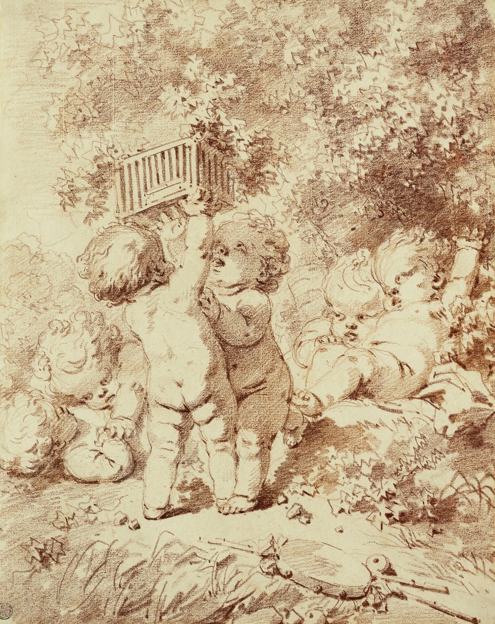 Seis putti jugando, dos sosteniendo una jaula de Jean Honore Fragonard