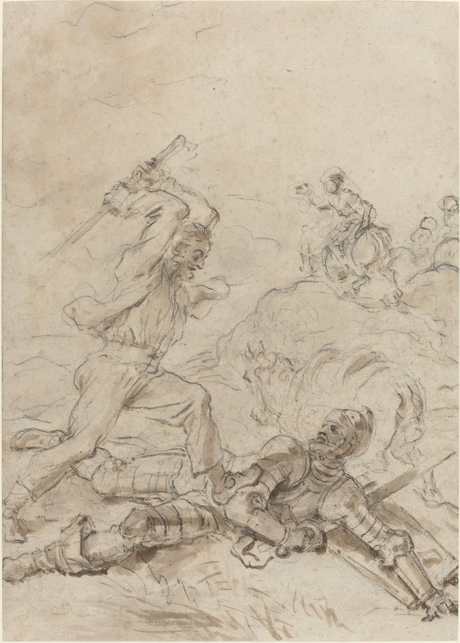 El arriero atacando a Don Quijote mientras yace indefenso en el suelo de Jean Honore Fragonard