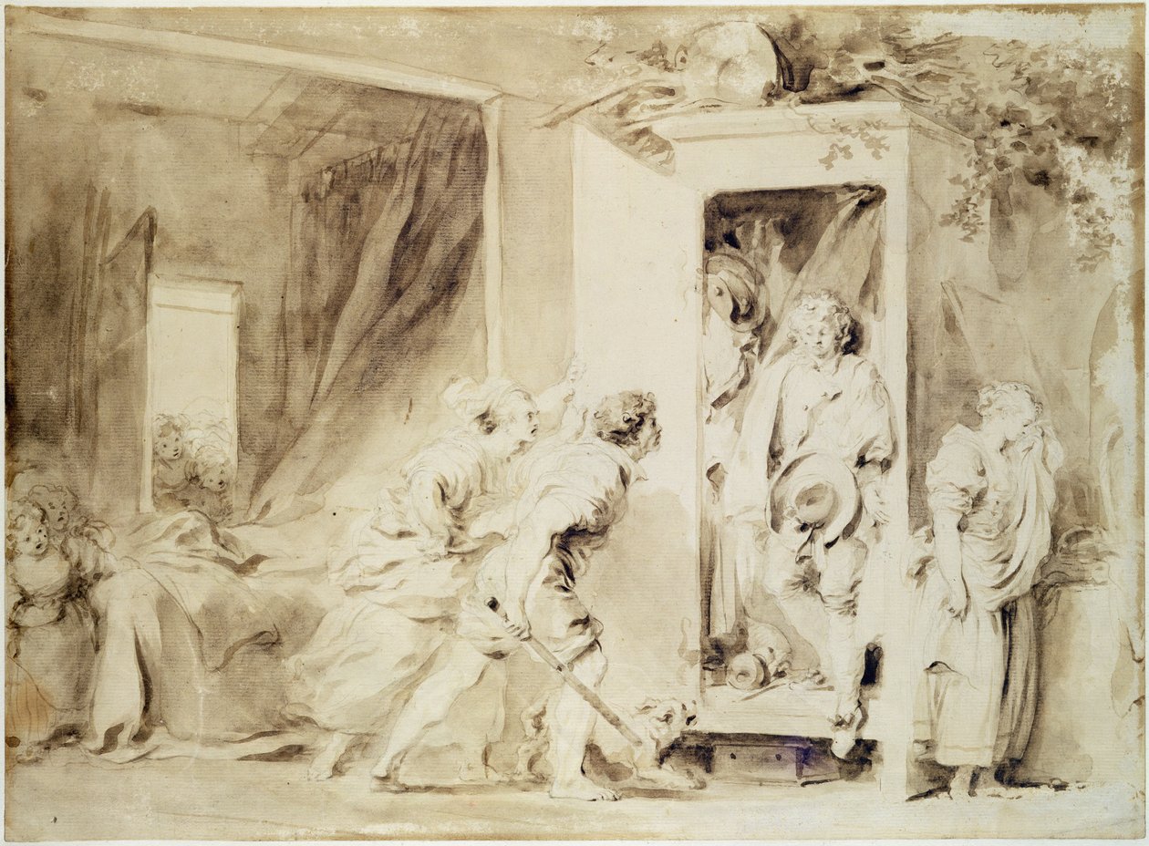 El amante sorprendido, 1755 (lápiz marrón sobre dibujo preliminar de tiza) de Jean Honore Fragonard