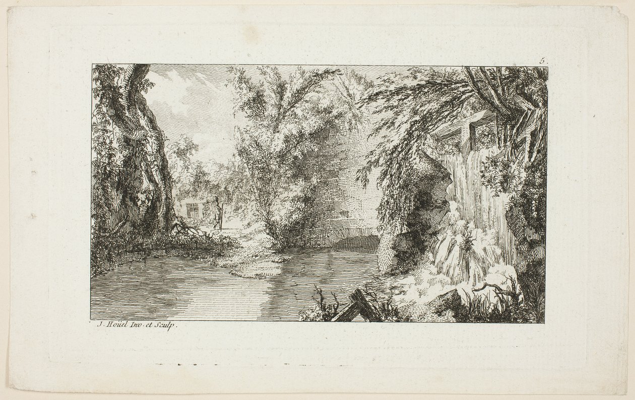 Paisaje con un caminante y una cascada, lámina 5 de la segunda suite Livre de paysages (Libro de paisajes) de Jean Hoüel