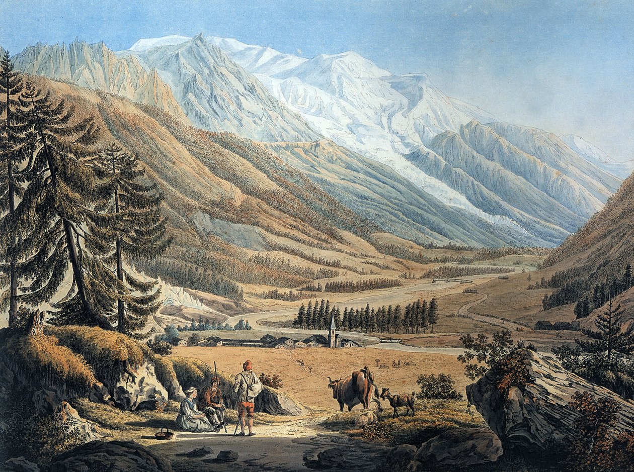 Vista del valle de Chamonix, desde el pueblo de Argentiere, por Jean Daniel Huber durante un viaje hacia 1785 (grabado) de Jean Huber