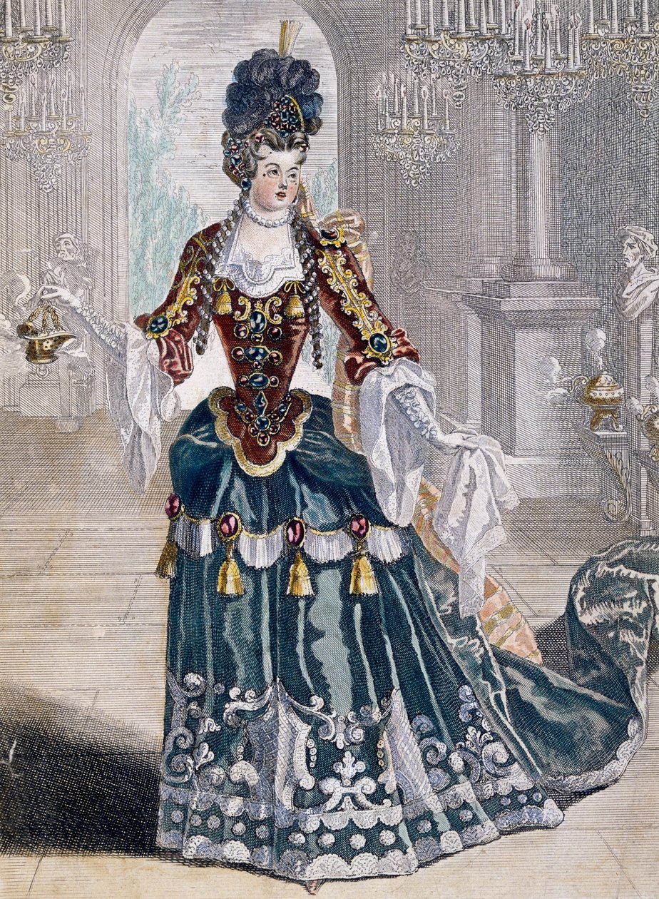 Retrato de Mademoiselle Desmatins (1682-1708), músico en la Ópera, grabado por Jean Berain de Jean I  Berain