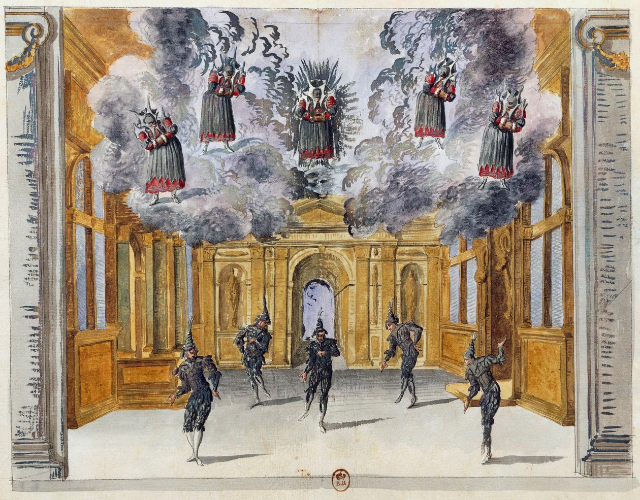 Diseño de escenario por Jean Berain el Viejo para Le feste di Amore e di Bacco, ballet de Jean-Baptiste Lully, presentado en el Palais-Royal en París, 15 de noviembre de Jean I  Berain