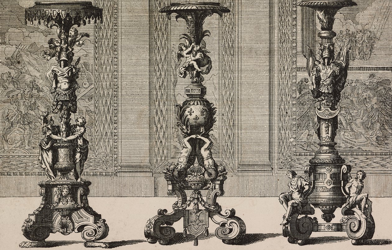Grandes candelabros de bronce, grabado de Jean Berain (1640-1711) de L