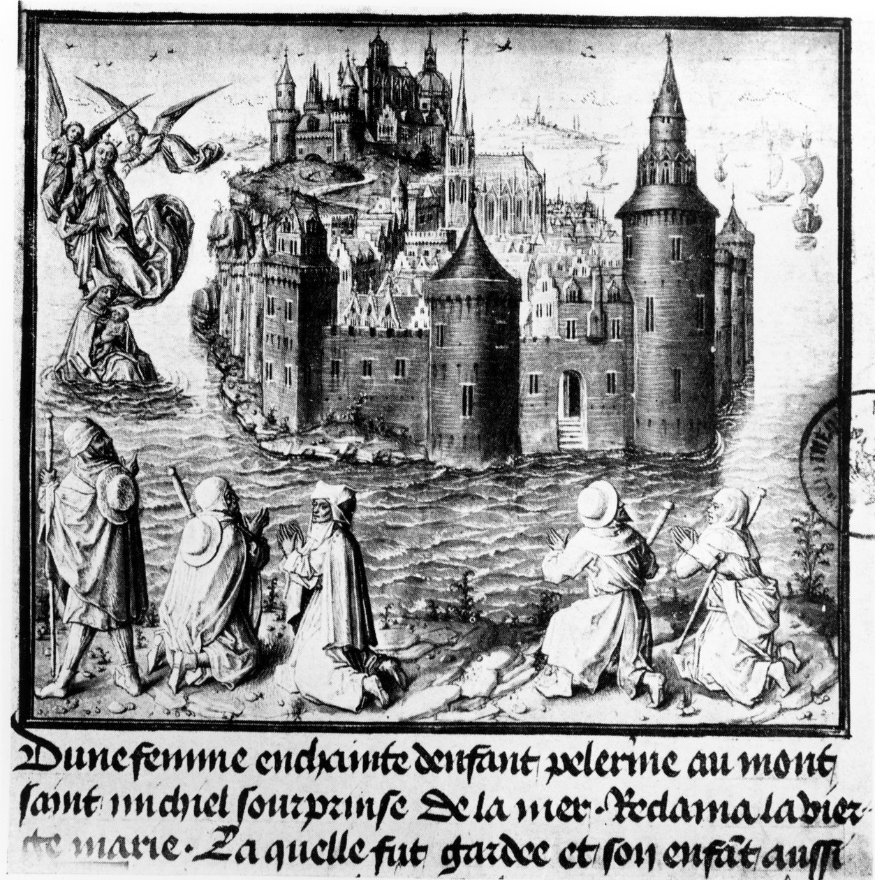 Mujer embarazada en peregrinación a Mont Saint-Michel es atrapada por la marea pero salvada milagrosamente por la intervención de la Virgen María de Jean I Le Tavernier