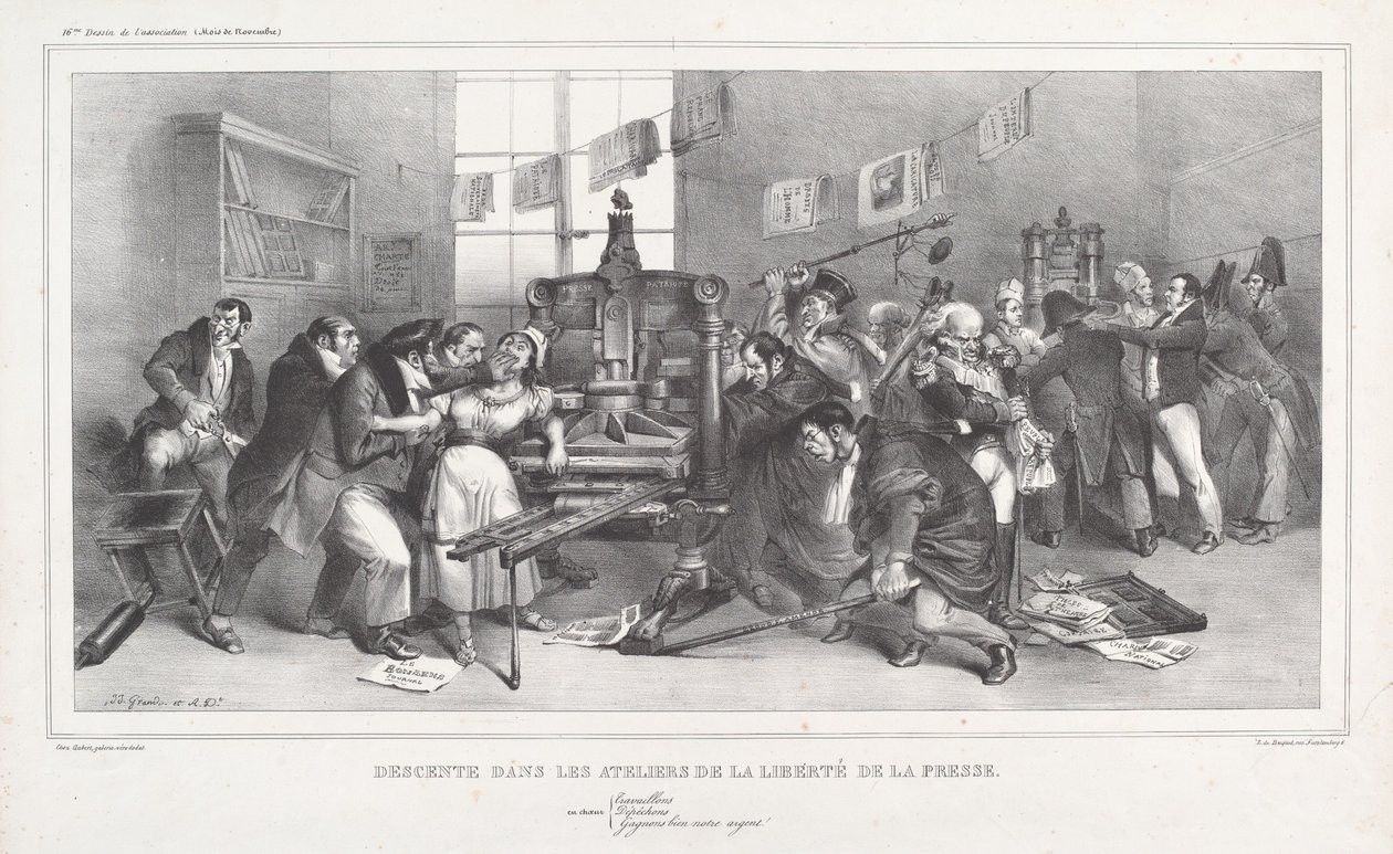 Descente dans les Ateliers de la Liberté de la presse de Jean Ignace Isidore Grandville, and Auguste Desperet