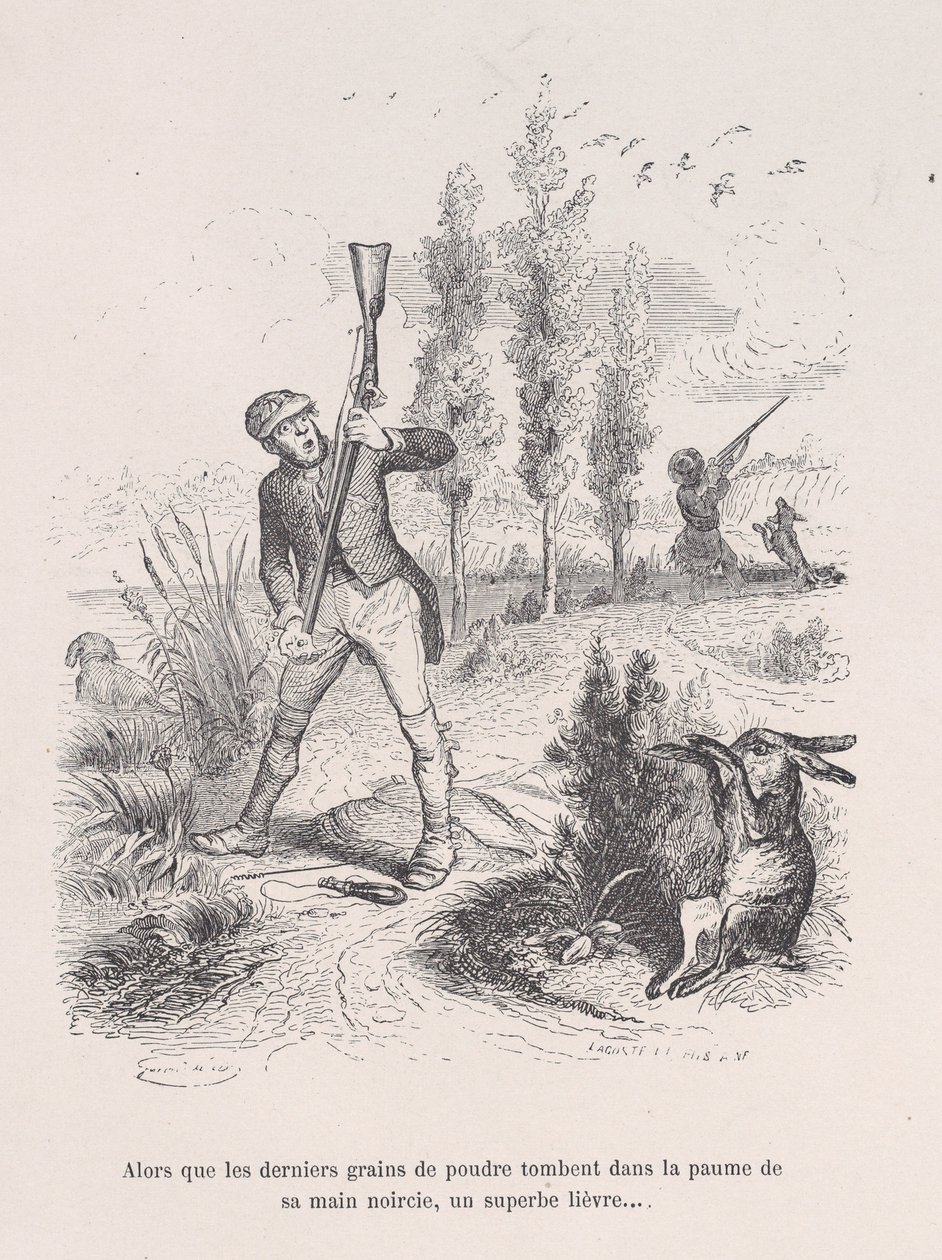 Mientras los últimos granos de polvo caen en la palma de su mano ennegrecida, una liebre magnífica..., 1843 de Jean Ignace Isidore Gérard