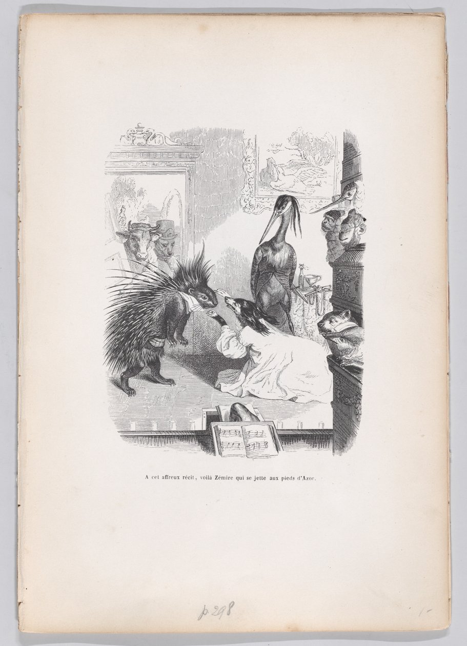 Ante esta historia espantosa, Zemire se arroja a los pies de Azor, de Escenas de..., ca. 1837-47 de Jean Ignace Isidore Gérard