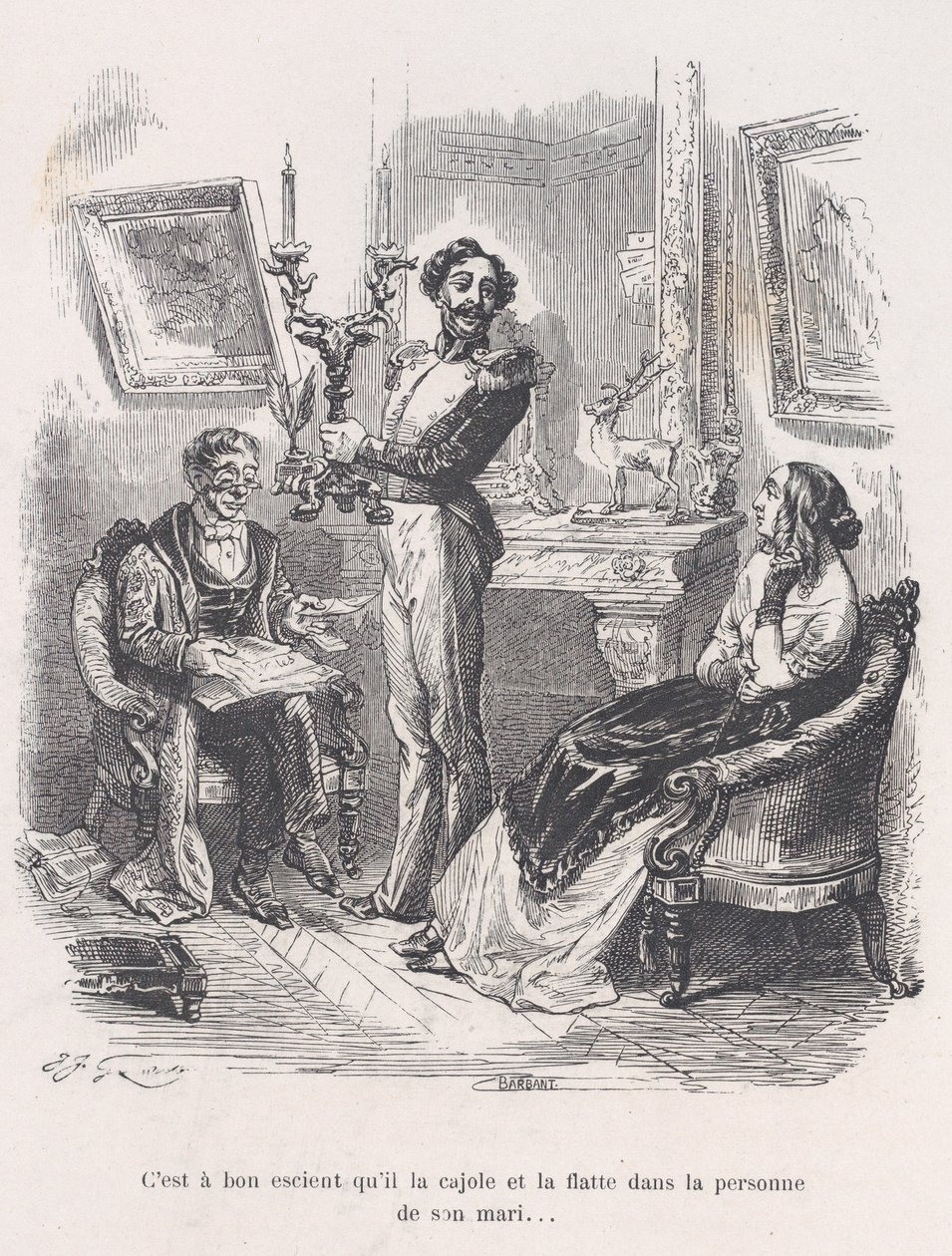Es bueno que él la adule y la halague frente a su esposo. de los Pequeños Miseri..., 1843 de Jean Ignace Isidore Gérard