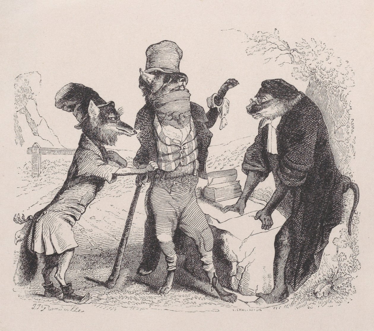 El Lobo suplicando contra el Zorro, frente al Mono, ca. 1838 de Jean Ignace Isidore Gérard