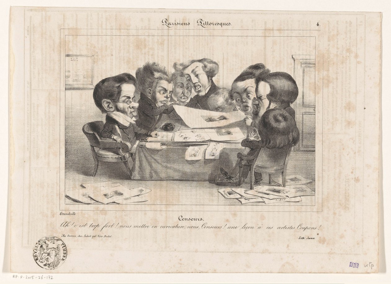 Caricatura de los censores franceses
Censeurs (título en el objeto)
Parisiens Pittoresques (título de la serie en el objeto) de Jean Ignace Isidore Gérard Grandville