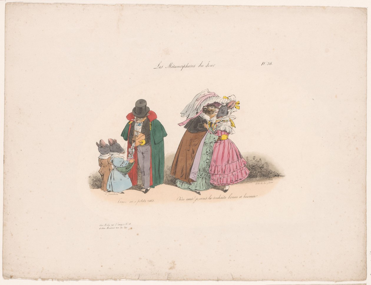 Los gatos son amigables con los ratones. Tenez mes petits rats (...) (título sobre objeto) Metamorfosis contemporáneas (título de la serie) Les Metamorphoses du Jour (título de la serie sobre el objeto) de Jean Ignace Isidore Gérard Grandville