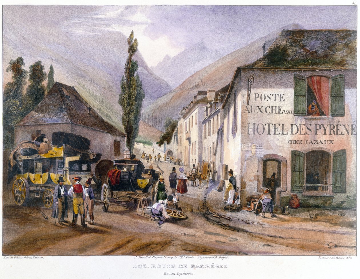 Llegada y Reparación de una Diligencia en Luz en el Camino a Barreges, c.1840 de Jean Jacottet