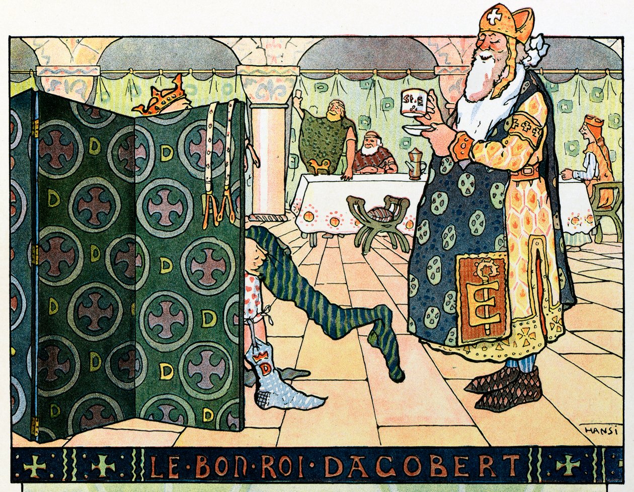 La historia de Alsacia cuenta a los niños del tío Hansi por Jean Jacques Waltz dit Hansi (1873-1951), colección privada: El buen rey Dagoberto (hacia 602- hacia 639); ¡Atención! La utilización de esta obra puede estar sujeta a una solicitud de autorización de Jean Jacques (1873 1951) Waltz