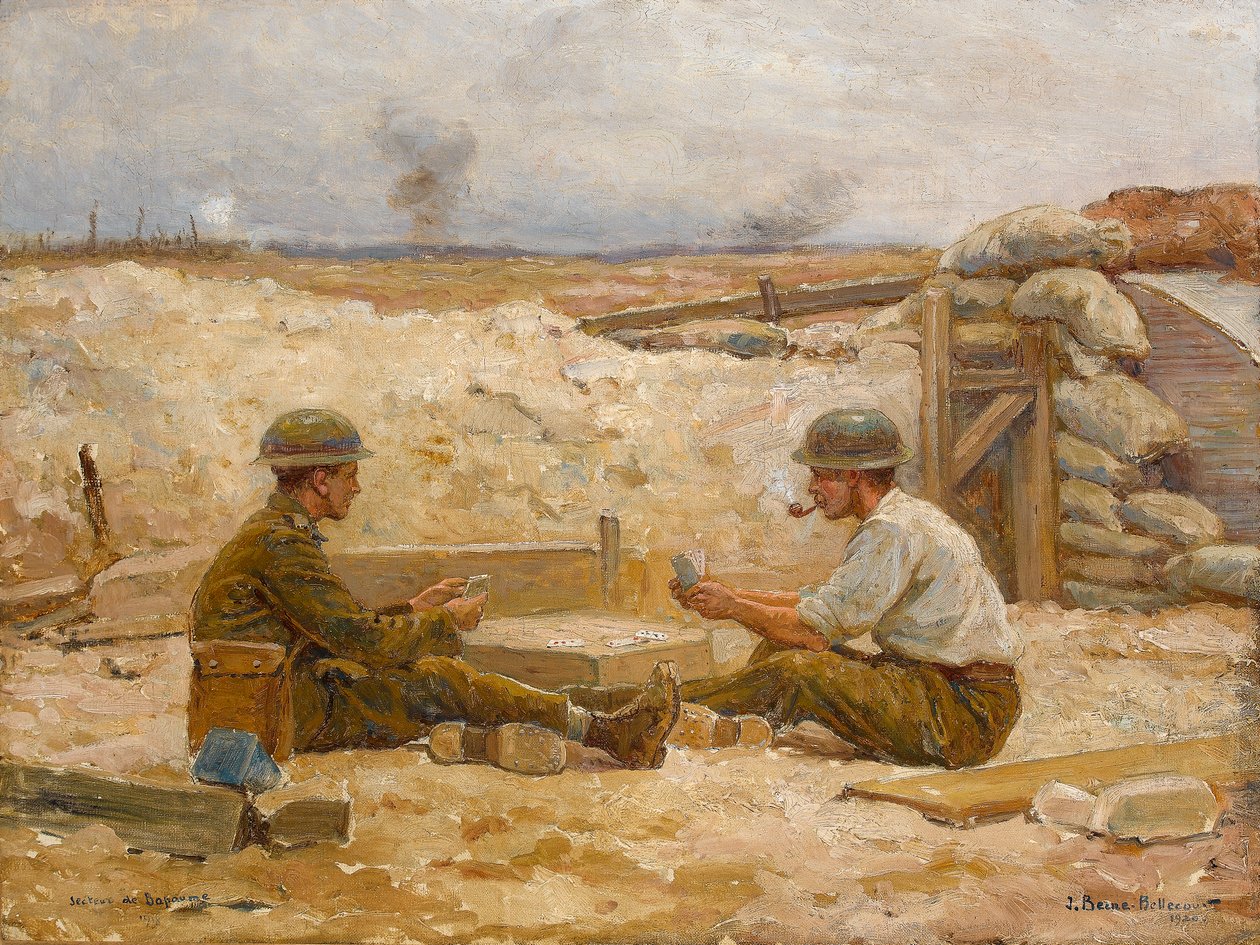 Dos oficiales británicos jugando a las cartas fuera de su refugio, Secteur de Bapaume, 1918-20 de Jean Jacques Berne Bellecour