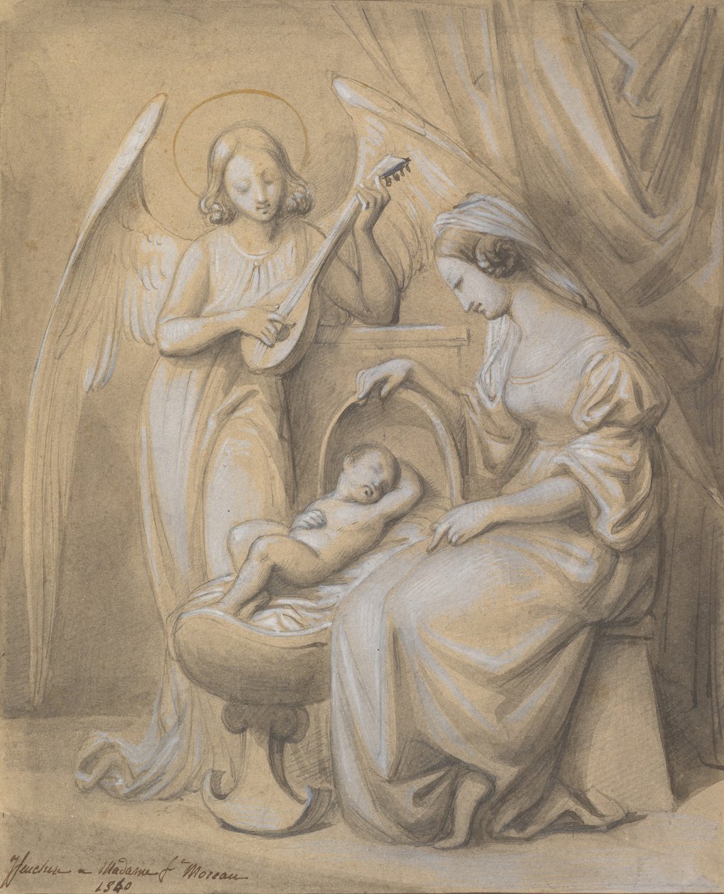 Virgen y Niño Adorados por un Ángel Tocando el Laúd de Jean Jacques Feuchere