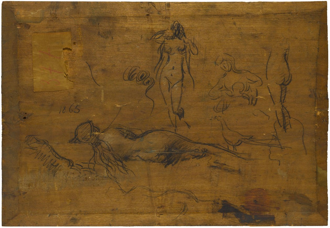 Fillette au ruban bleu (anverso) / Cinco desnudos, un pavo real y una cabeza de perfil (reverso) de Jean Jacques Henner