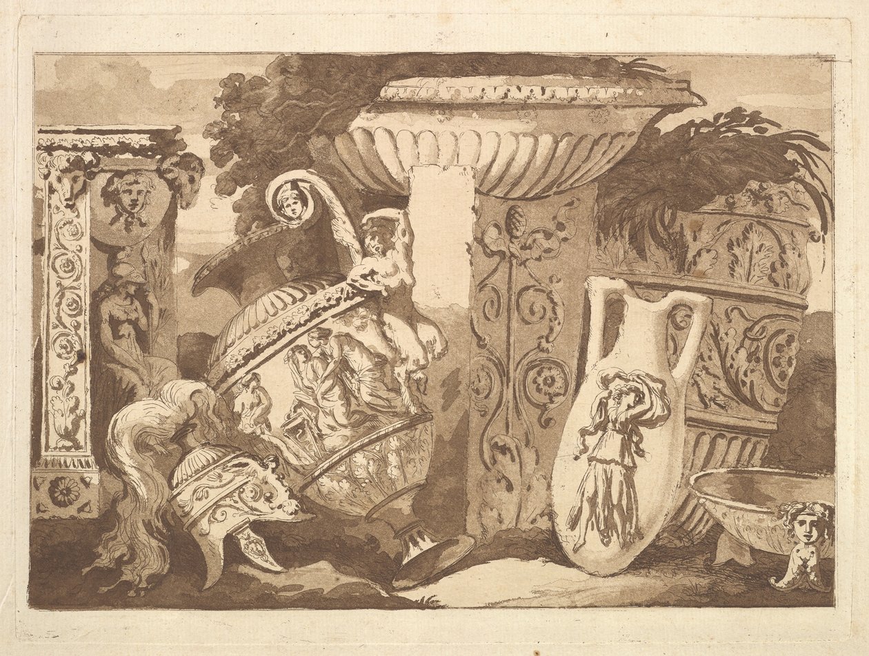 Composición con fragmentos antiguos y un jarrón inclinado, de Recueil de Compositions de Jean Jacques Lagrenee