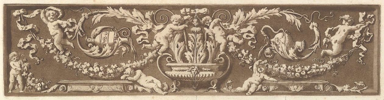Friso ornamental con putti, hojas de acanto y guirnaldas de frutas, de Recueil de Diff de Jean Jacques Lagrenee