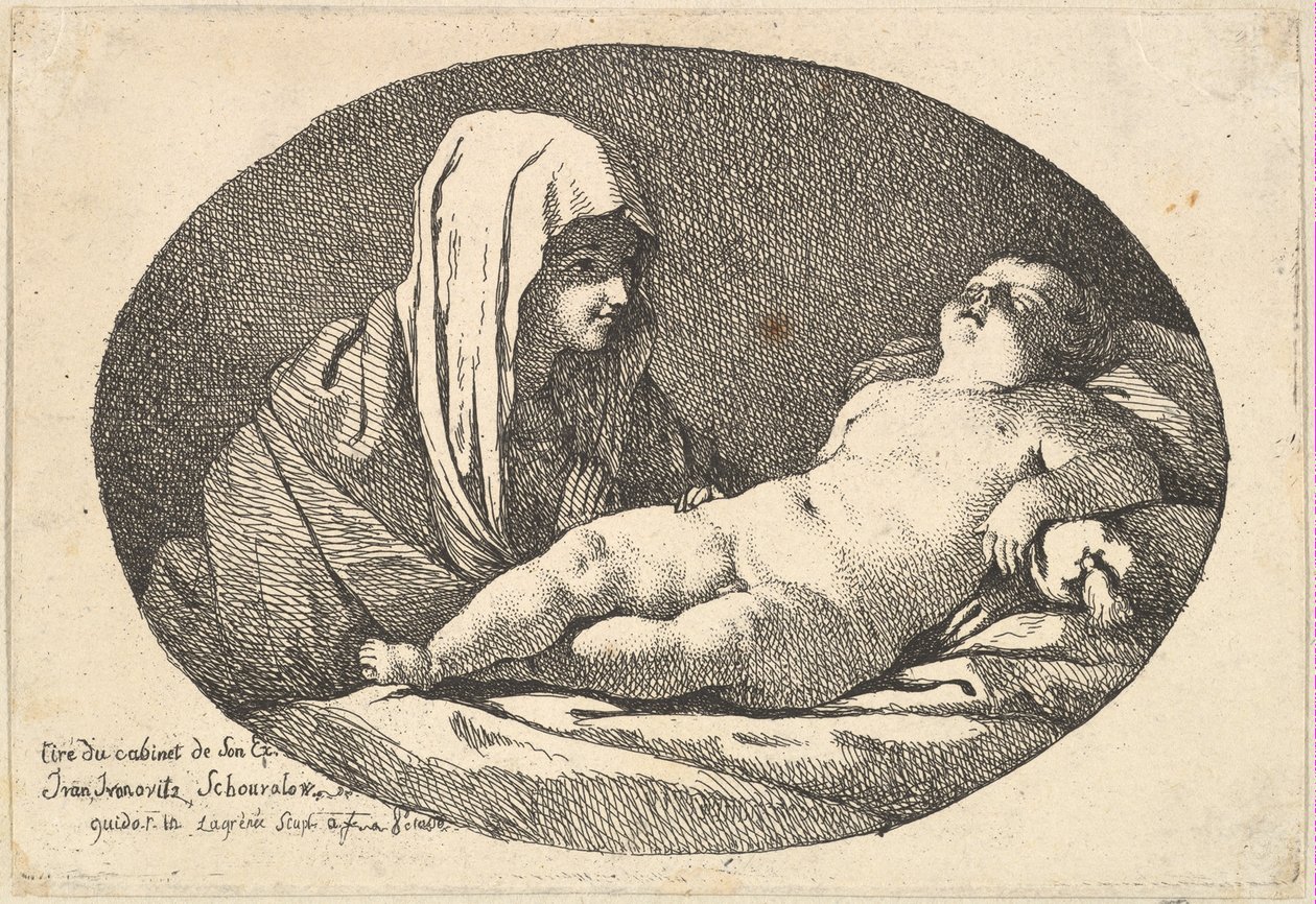 La Virgen a la izquierda observando al niño Cristo mientras duerme, una composición ovalada, después de..., 1760-63 de Jean Jacques Lagrenee