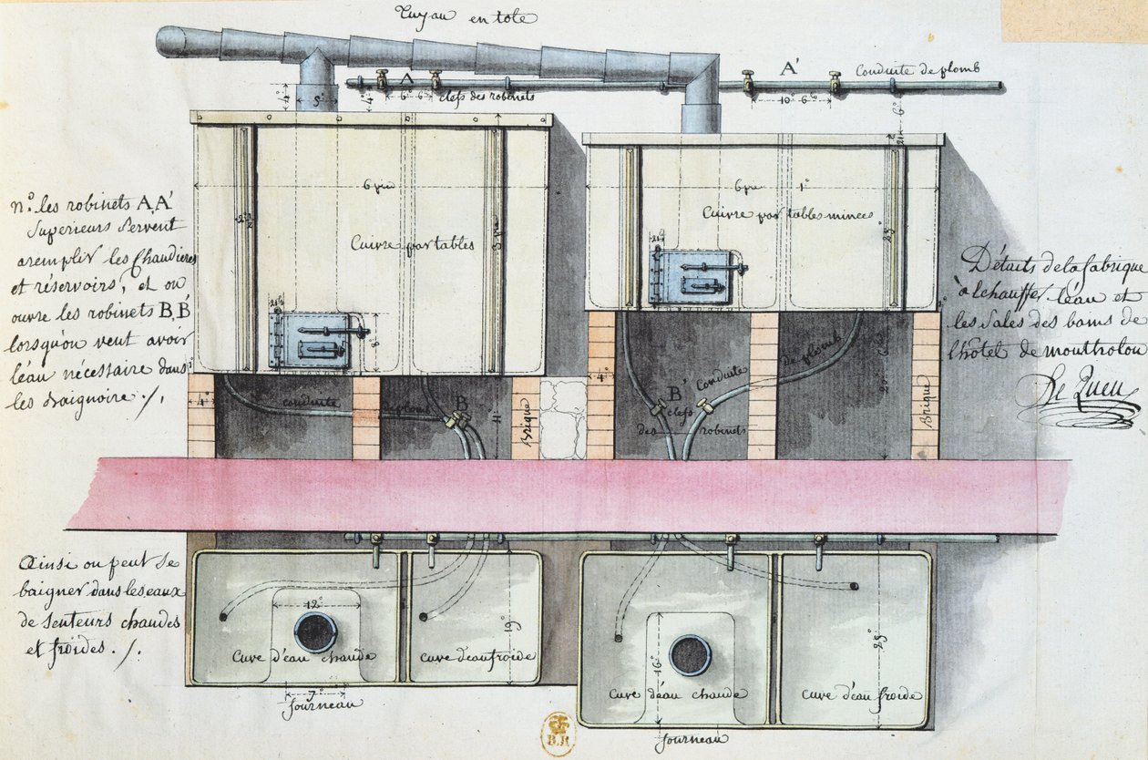 Diseño para el sistema de calefacción de agua en el Hotel de Montholon en París, c.1787 de Jean Jacques Lequeu