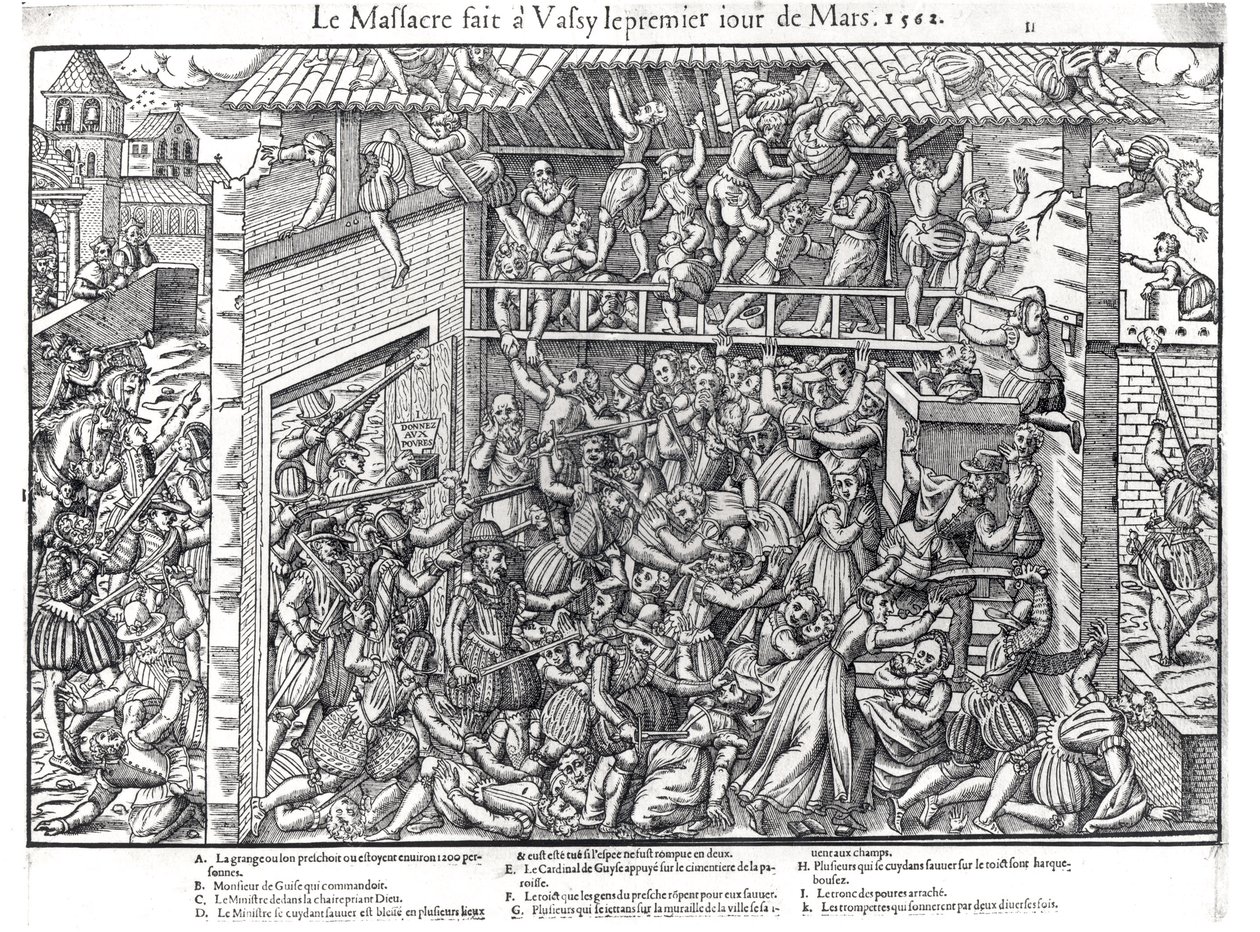 La masacre de la población protestante por las tropas del Duque de Guisa en Wassy-sur-Blaise, 1 de marzo de 1562, grabado por Jacques Tortorel (1568-92) de Jean Jacques Perrissin
